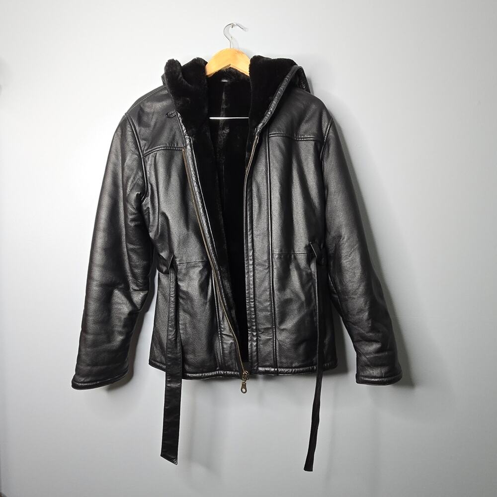 Pre-Loved Wilsons Leather Black Fur-Lined Hooded Belted Jacket